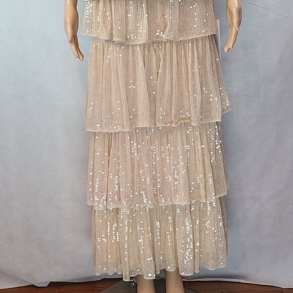 New Mac Duggal Women's (4) Beige 3/4 Sleeve Sequined Ruffle Tiered 2 Piece Gown - Picture 3 of 12